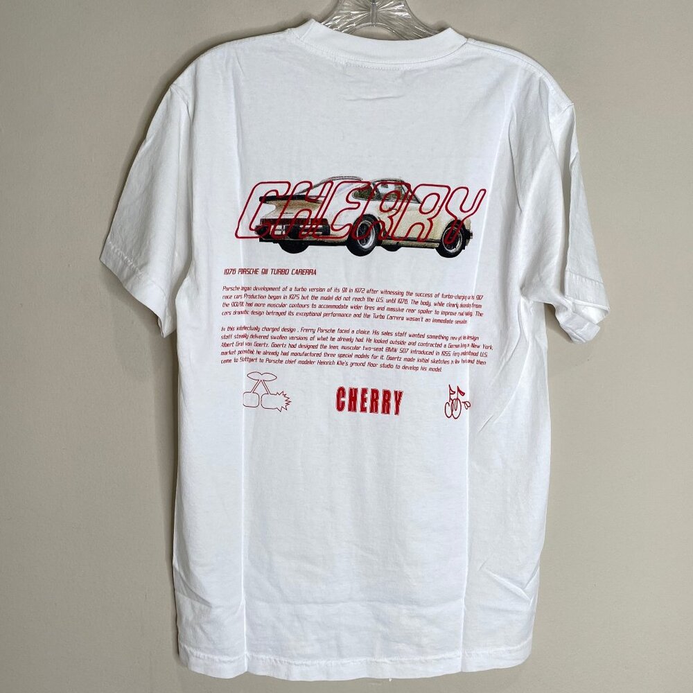 Cherry LA White Graphic Tee with Red and Black Car Print